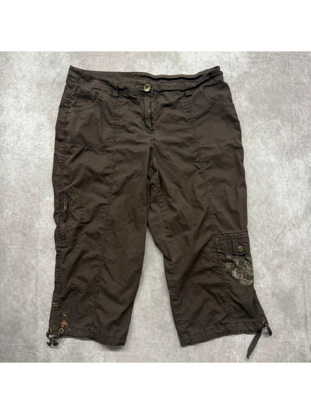 Vintage Style & Co Women's Brown Cargo Capri Pants Graphic Cinch Leg Size 12